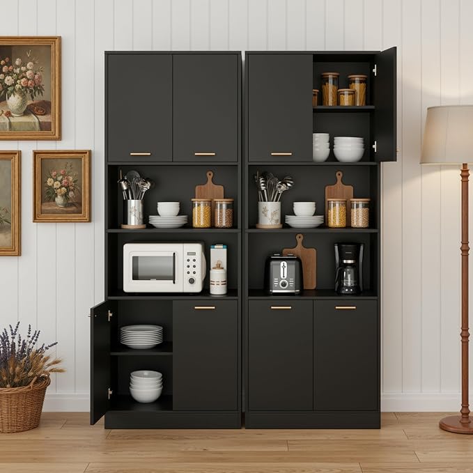Keyluv 71" Kitchen Pantry Storage Cabinet, Kitchen Cabinet Hutch, Black | Freestanding Kitchen Hutch with Microwave Stand and Doors, Coffee Bar with Adjustable Shelves for Dining Room Living Room