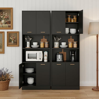 Keyluv 71" Kitchen Pantry Storage Cabinet, Kitchen Cabinet Hutch, Black | Freestanding Kitchen Hutch with Microwave Stand and Doors, Coffee Bar with Adjustable Shelves for Dining Room Living Room