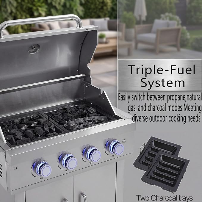 Built-In Gas Grill, 28 in 4 Burner Propane Grill, LP Gas, Charcoal & Natural Gas Convertible, Heavy Duty 304 Stainless Steel 48,400-BTUs for Outdoor Kitchen Island Family Cooking