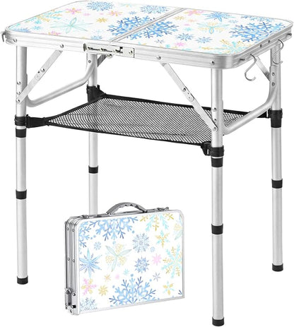 YUFIFAIRY Small Folding Table 2 Foot, Portable Camping Table with Mesh Holders,Lightweight Aluminum Adjustable Height, with Carry Handle for Camping Picnic Indoor Outdoor 24 x 16 x27.5 (Snowflakes)