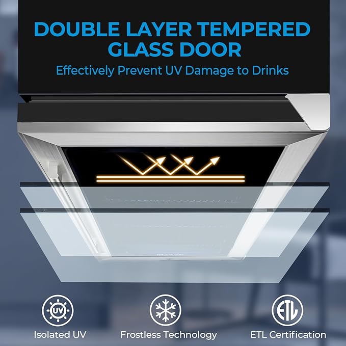 15 Inch Beverage Refrigerator Under Counter, 130 Cans Beverage Fridge Built-in or Freestanding, 15" Drink Cooler with Glass Door, Blue LED Light, Safety Lock - for Home/Kitchen(3.1 cu.ft)