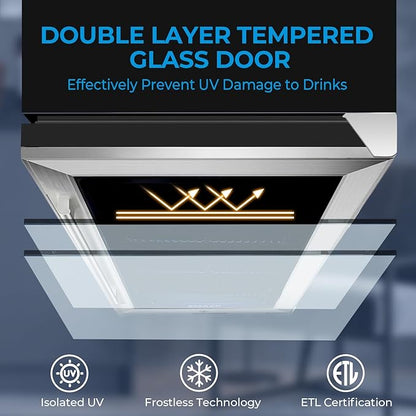 15 Inch Beverage Refrigerator Under Counter, 130 Cans Beverage Fridge Built-in or Freestanding, 15" Drink Cooler with Glass Door, Blue LED Light, Safety Lock - for Home/Kitchen(3.1 cu.ft)