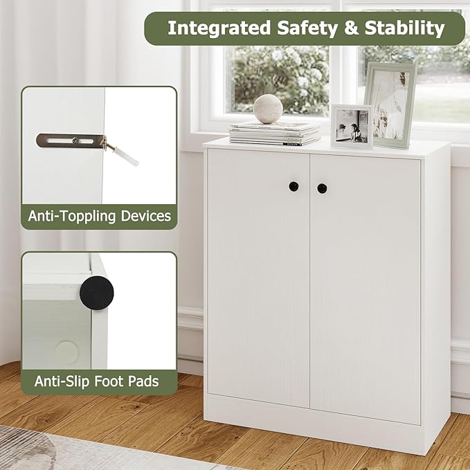 Giantex 2 Door Storage Base Cabinet (White) | 3-Tier Base Cabinet with Non-Slip Foot Pads, Kitchen Cupboard Storage Organizer for Living Room, Hallway, Entryway, Office