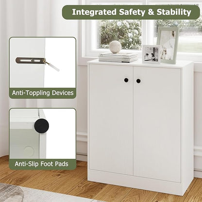 Giantex 2 Door Storage Base Cabinet (White) | 3-Tier Base Cabinet with Non-Slip Foot Pads, Kitchen Cupboard Storage Organizer for Living Room, Hallway, Entryway, Office
