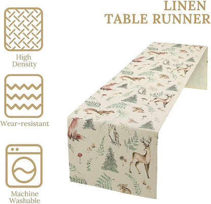 Rustic Woodland Table Runner - Cute Forest Animals, Country Lodge Cabin Style, Wild Animal Bear Deer Fox Wolf Set, 13x90 Inch