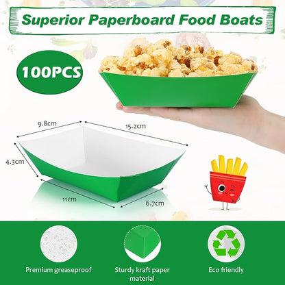 100 Pcs 2lb Paper Food Trays Boat Nacho Boats for Hot Dogs, Green | Grease-Resistant, Disposable Kraft Paper Boat for Tacos Concession, Food Trucks, Birthday, Wedding, Christmas, Halloween