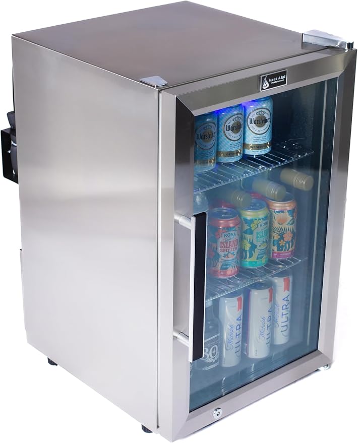 Mont Alpi Premium 27"H x 18.5"D x 17.5"D Stainless Steel All Weather Outdoor Refrigerator 2.7 cu. ft. Glass Door Fridge with Temperature Control + Lockable Door + Adjustable Shelves + Blue Lighting