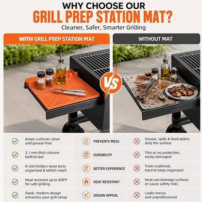 Silicone Grill Mat for Blackstone Griddle, 16x11.5 Extra-Thick Non-Slip Spatula Holder Mat with Grease Drip Pad, Heat Resistant BBQ Utensil Organizer for Side Shelf, Ideal Gifts for Men (Orange)