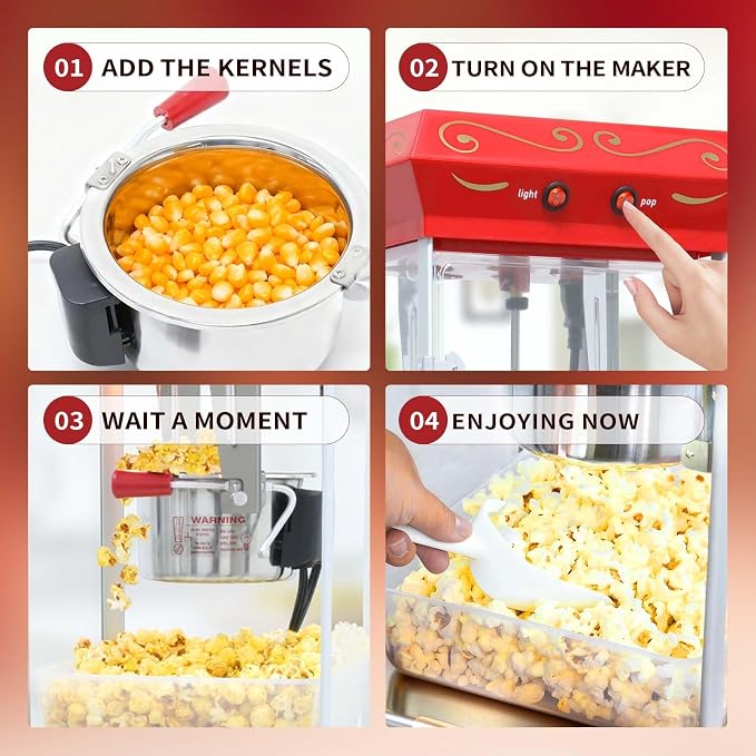 Popcorn Machine with Cart, 6 Oz Kettle, Mobile Popcorn Maker for 32 Cups per Batch, Nostalgia Movie Theater Style, Vintage Bar Style Popcorn Machine with Lockers for Home & Events, Red