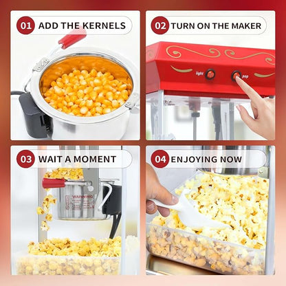 Popcorn Machine with Cart, 6 Oz Kettle, Mobile Popcorn Maker for 32 Cups per Batch, Nostalgia Movie Theater Style, Vintage Bar Style Popcorn Machine with Lockers for Home & Events, Red