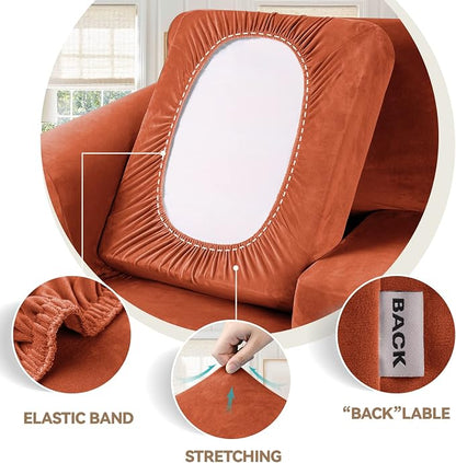 WEERRW 4 Pieces Couch Cover for Sofa Velvet Sofa Covers Washable, Pumpkin | Sofa Covers for 3 Cushion Couch Furniture Protector Sofa Slipcovers with Non Slip Elastic Bottom, Pet Friendly, Large
