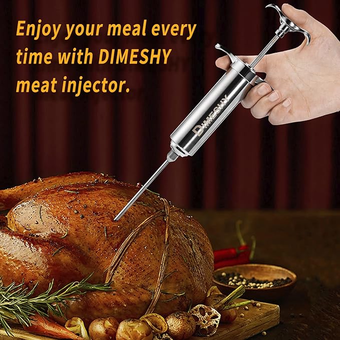 Heavy duty 304 Stainless Steel Meat Injector Kit with 2-oz Large Capacity Barrel with 3 commercial Marinade Needles