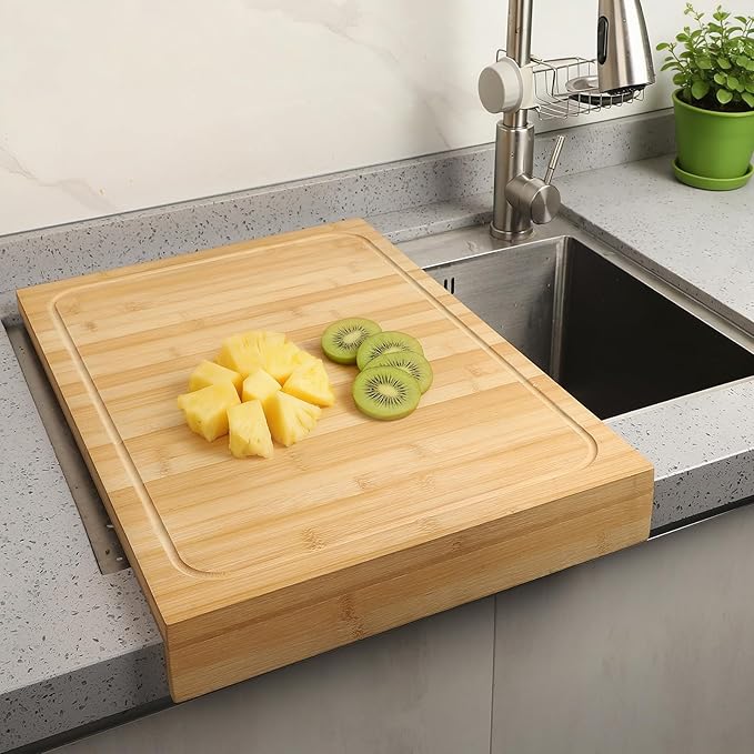 BAMOTTO CRAFTBAMBOO 15.8x22 Inch Large Bamboo Cutting Board, Reversible with Juice Grooves & Detachable Lip, Stovetop Cover and Sink Cover Board for Kitchen Counter