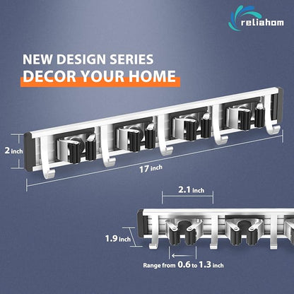 reliahom Broom Holder Wall Mount Mop Hanger Tools organizer 4Racks 5Hooks | Adjustable Mop Broom Wall Hanging Heavy duty Tools Storage Rack Space-saving for Garage,Kitchen,Laundry Room,Garden, Black