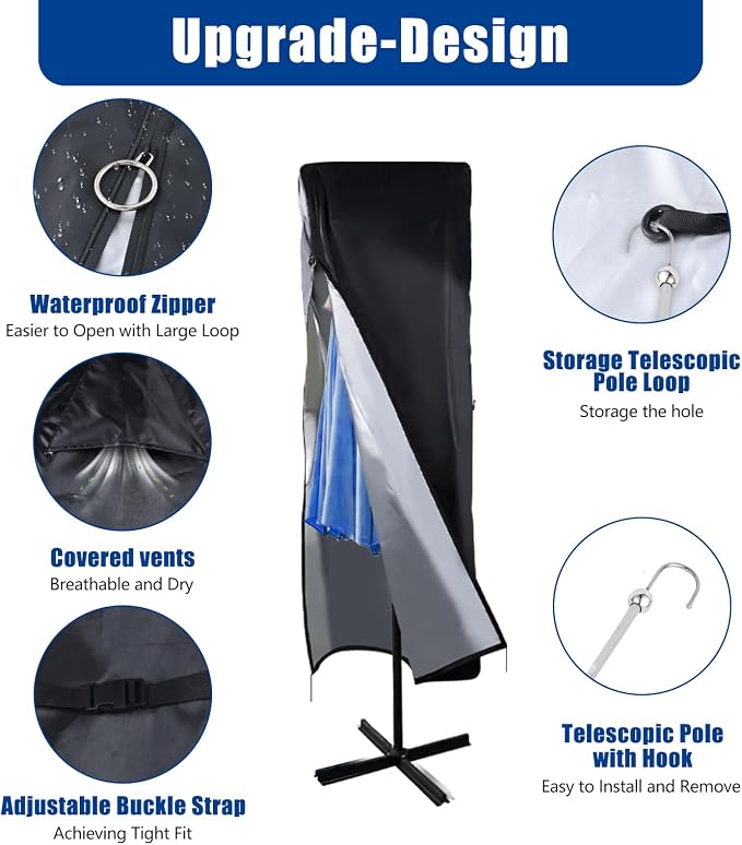 420D Waterproof Patio Umbrella Cover for Double-Sided 13-15 ft | Outdoor Parasol Cover, Telescopic Pole, Windproof Zipper, Top Vent, Anti-UV