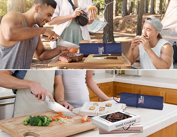SYOKAMI 14pcs Chef Knife Set with Roll Bag, Professional Stainless Steel Japanese Knife Set with Pakkawood Handle for Professional Chef, Camping, Travel, BBQ, RV or Gift