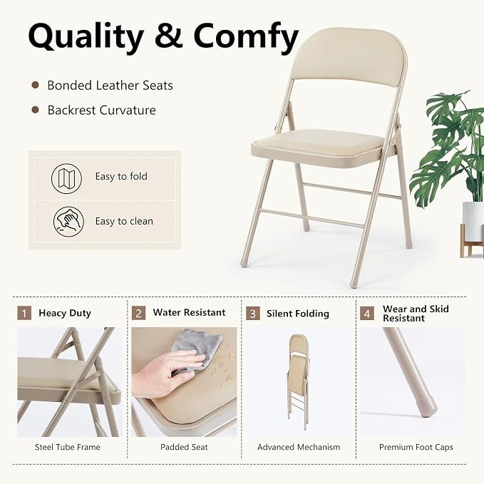 DUMOS 4 Pack Leather Padded Folding Chair, Indoor Outdoor Portable Stackable Commercial Seat with Steel Frame, Capacity for Home, Office, Party, Comfy, Kahki
