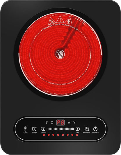Electric Cooktop, 1800W Portable Electric Stove with LED Touch Control, Single Burner Infrared Hot Plate with Child Safety Lock, 99 Timer and Overheat Protection for Dorm Home RV Camping