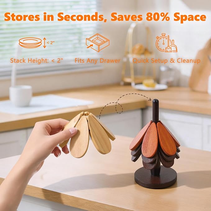 DecBeLiv Foldable Tree Trivet Wooden Hot Plate Holder, Bamboo Trivet for Hot Dishes, Heat-Resistant Pot Holder Tree for BBQ, Picnic, Outdoor Dining & Kitchen Decor