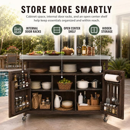 Outdoor Kitchen Island, 50.25" Rolling Grill Table with Storage Cabinet, 201 Stainless Steel Top Outdoor Bar Cart, Solid Fir Wood BBQ Prep Station with Adjustable Shelves, Spice Rack (Dark Brown)
