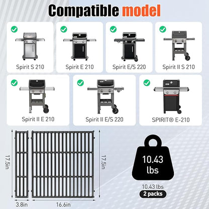 QuliMetal 7637 Grill Grates Replacement for Weber Spirit E210, Spirit S210, GS4 Spirit II E210, Spirit II E220 Spirit® E-210 Grills, 17.5" Spirit Grates for Weber Spirit 200 Series with Front Control