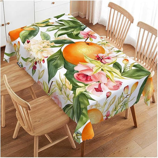 Swono Decorative Rectangle Tablecloth Orange, Watercolor Blooming Orange Flowers Twig Summer Polyester Tablecloth Kitchen Table Cover for Dining BBQ Picnic Coffee Table 50x72