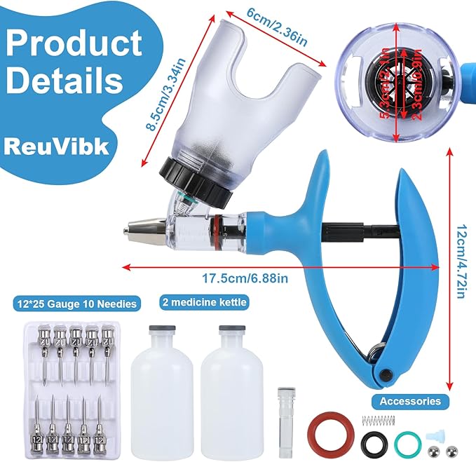 5ML Livestock Syringe Gun, Automatic Self Refill Injection Gun Continuous Adjustable Bottle Attachment Livestock Animal Syringe with 10 Needles, for Chicken, Duck, Pig, Sheep, Cow Poultry (Blue)