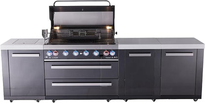 Mont Alpi Premium 119"W x 23"D x 46"H Black Stainless Steel Outdoor Kitchen Island with Side Burner + 44"W 6-Burner BBQ Grill + White Granite Countertops + Storage + Drawers + Rotisserie Kit + Cover