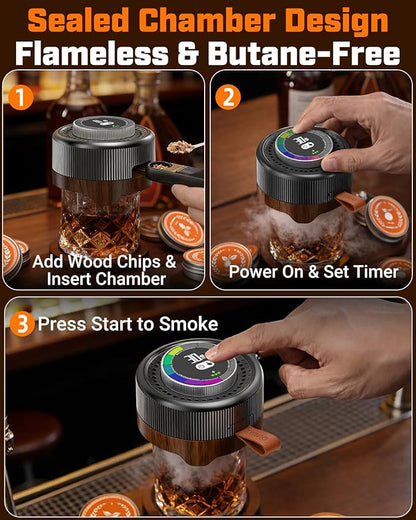 Electric Whiskey Smoker Kit with Adjustable Smoke Control (0–60s), Cocktail Smoker Kit with 6 Wood Chips, No Butane Needed, Old Fashioned Smoker Kit, Bourbon Gifts for Men, Wood Grain