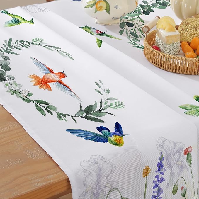 SASTYBALE Spring Summer Tablecloth, 52" x 70" Rectangular Watercolor Wild Flower Birds Plants Decorative Table Cloth Washable Water Resistant Table Cover for Party Picnic Dinner Decor, Colourful