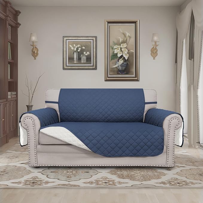 Easy-Going Reversible Couch Cover, 2 Cushion Sofa, Dark Blue/Ivory | Loveseat Slipcover For Dogs, Water Resistant Furniture Mat, Living Room, Non-Slip Sofa Cover, Pet Friendly