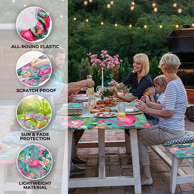 6ft Polyester Picnic Table Cover with Bench Covers Tablecloth Flamingo | Polyester Picnic Table Cover Windproof & Waterproof, Perfect for Camping Gifts & RV Essentials, Cool Camping Gadgets with bag