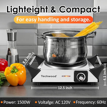 Techwood Hot Plate for Cooking, 1500W Electric Stove Countertop Single Burner with Adjustable Temperature & Stay Cool Handles, 7.5” Cooktop for Home/RV/Camp, Compatible for All Cookwares, Silver