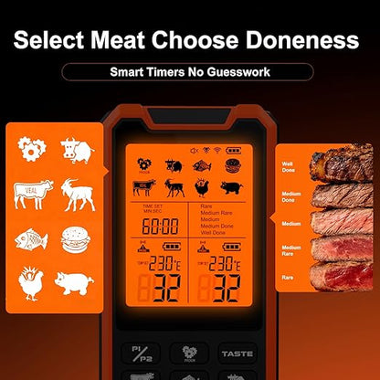 HOPEPOP Bluetooth Wireless Meat Thermometer Digital - NIST Certified Accuracy, Food Thermometer for Cooking with Standalone Base & App Control, 2 Meat Probes for Grill BBQ Smoker Oven (Orange)