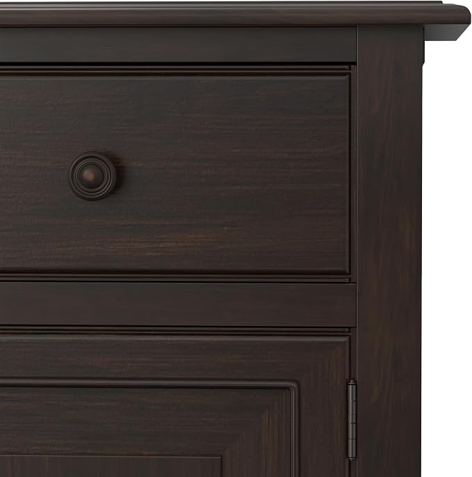 SIMPLIHOME Connaught 51" Solid Wood Cabinet in Chestnut Brown | Traditional space-saving entryway or mudroom cabinet with 3 drawers and adjustable shelves for organized household storage.