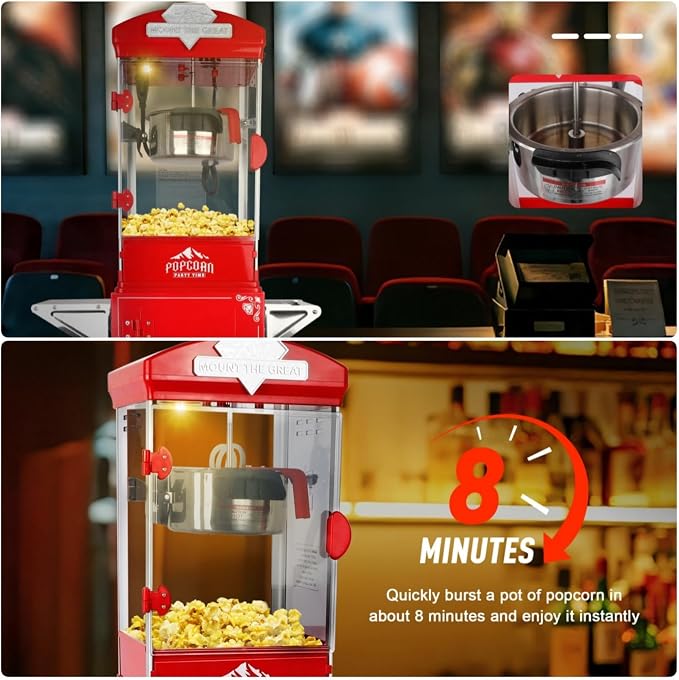 Popcorn Machine with Cart, 10 Oz Kettle, Mobile Popcorn Maker for 64 Cups per Batch, Nostalgia Professional Cart with Simple One-Touch & 3 Spoons, Movie Night Supplies for Home, Black