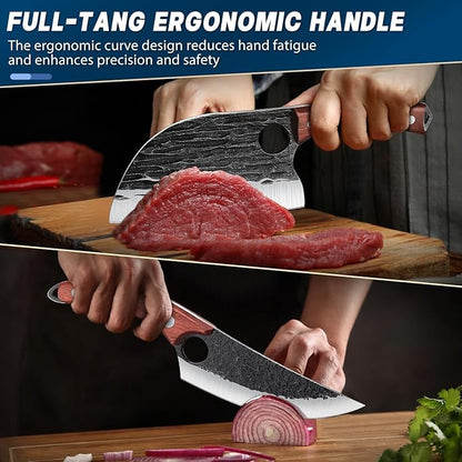 TAN REN 3PCS Butcher Knife Set for Meat Cutting, Hand Forged Meat Cleaver Knives with Wood Handle, Grilling Knife Set for Men