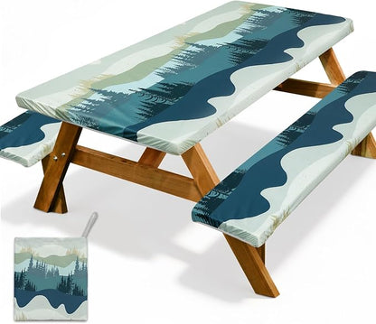 Picnic Table Cover with Bench Covers Windproof Waterproof Picnic Table Covers Camping Tablecloth with Self-Storage Bag, 96in, Green Blue