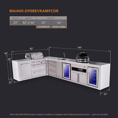 Mont Alpi Premium 4-Burner 82"x146" L-Shaped Deluxe Stainless Steel Modular Outdoor Kitchen Island BBQ Grill + Beverage Center Faucet & Sink + Refrigerator + Kamado Module + Storage Drawers & Cabinets