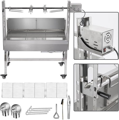 25W Stainless steel pig roaster rotisserie grill, 34.6-inch rated 132-pound barbecue grill suitable for outdoor camping kitchens