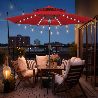 FLAME&SHADE 2 Tiers 9ft Solar Light Patio Umbrella, 40 LED lights outdoor umbrella with Centre Surround Light, Table Market Umbrella for Deck, Pool, Porch, Backyard, Garden (Red)