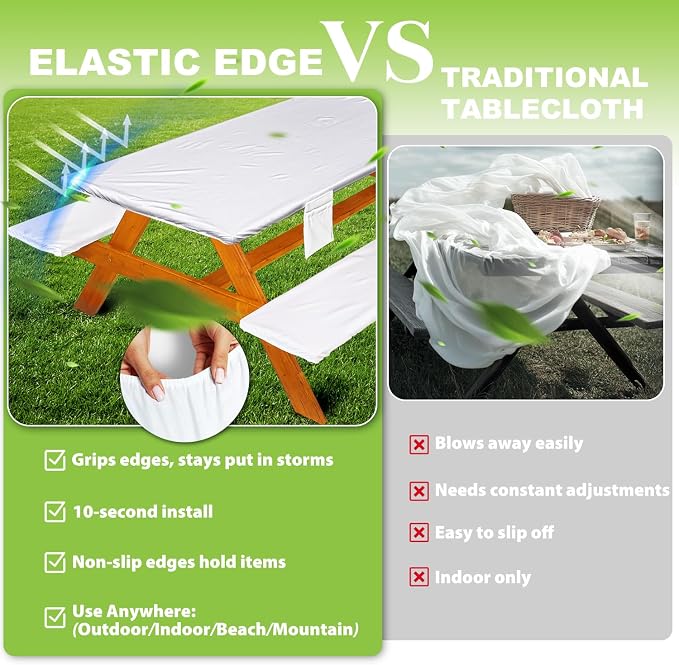 Wrakus Picnic Table Cover with Bench Covers Vinyl Elastic Edges Fitted Rectangle Seat Tables Waterproof 3-Piece96X30in Set Outdoor Rectangular Folding Backing Tablecloth for Camping Over Size