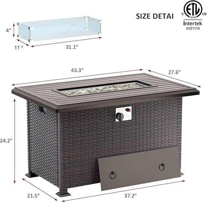 43" Propane Fire Pit Table,55000 BTU Wicker Firepit,Outdoor Fire Pit with Fire Glass,Lid,Waterproof Cover and Blue Glass Stone for Backyard,Garden,Patio