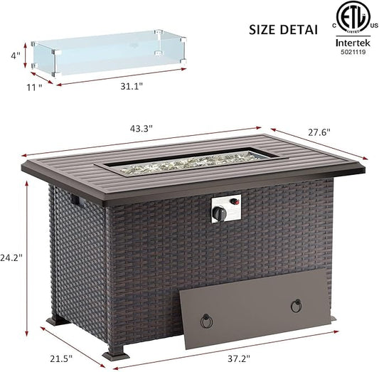 43" Propane Fire Pit Table,55000 BTU Wicker Firepit,Outdoor Fire Pit with Fire Glass,Lid,Waterproof Cover and Blue Glass Stone for Backyard,Garden,Patio