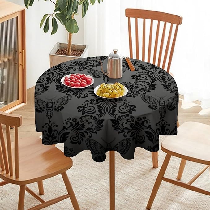 Black Damask Round Tablecloth Gothic Vintage Floral Skull Exotic Moth Antique Table Cloth Water Resistant Wipeable Table Cover for Farmhouse Party Holiday Kitchen Dinner Table 70"