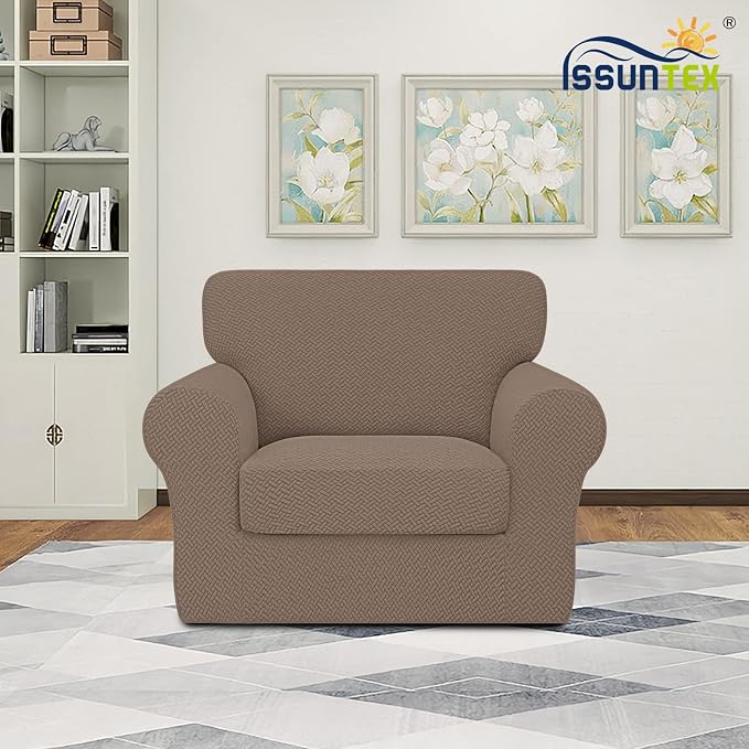 ISSUNTEX 2 Pieces High Stretch Thicken Chair Couch Covers, Soft Sofa Slipcover for 1 Separate Cushion Couch, Jacquard Fabric Elastic Sofa Cover Furniture Protector for Dogs (Chair, Camel)