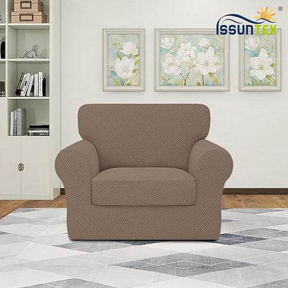 ISSUNTEX 2 Pieces High Stretch Thicken Chair Couch Covers, Soft Sofa Slipcover for 1 Separate Cushion Couch, Jacquard Fabric Elastic Sofa Cover Furniture Protector for Dogs (Chair, Camel)