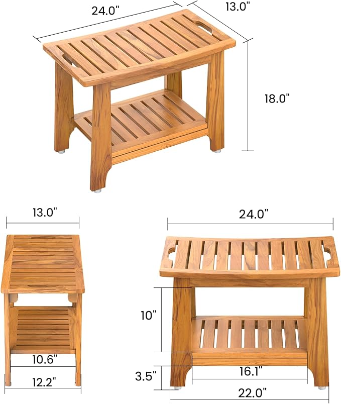 NNN 24" Home Teak Shower Bench with Japan-Made Non-Slip Leveling Feet | US Patented Design, Marine-Grade Hardware, Pre-Oiled European Teak Oil, Ready, 300lb, for Showers Spa Sauna & Outdoor Pools