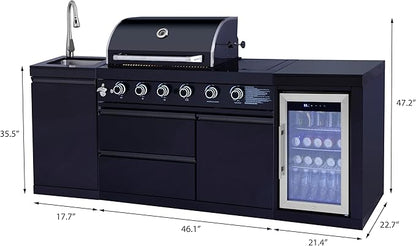 Black 4-Burner 72000 BTU Stainless Steel Propane Gas Outdoor Kitchen Island Grill with Single-Door Refrigerator, Pull-Out Sink & Storage Cabinets | for Patio, Backyard BBQ