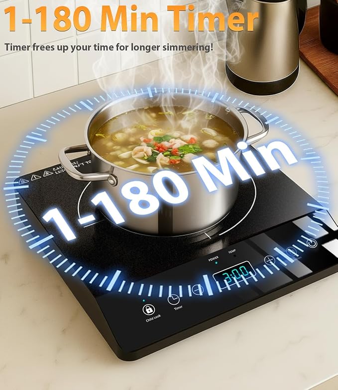 Portable Induction Cooktop Single Burner 1800W, Touch Control Plug in | ETL-Certified, 3 Hour Timer, 12 Temp From 140℉ to 465℉, Child Lock, Portable Countertop 110V Plug Design for Kitchen RV Dorm